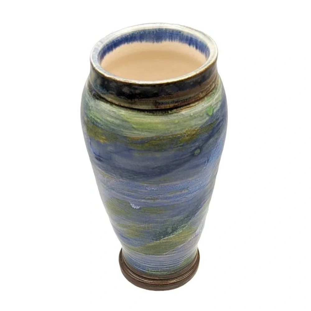Vintage Studio Pottery Vase with Blues Teals Greens Signed Cynthia Young